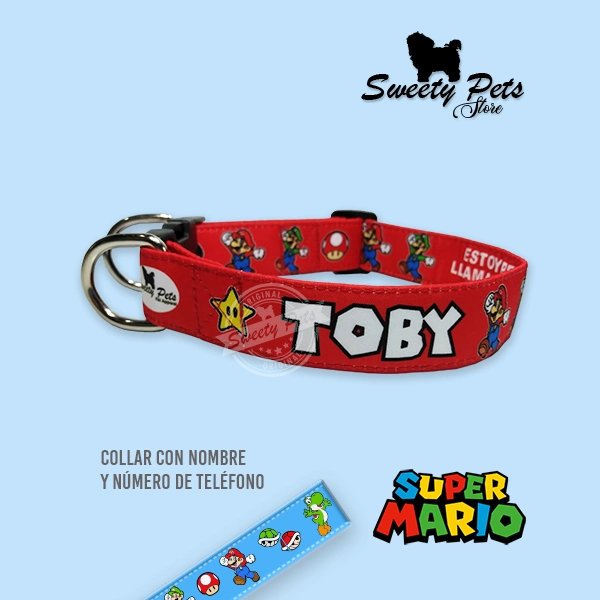 Collar identificacion para perro Diseño MARIO2 - ropa y accesorios para mascotas El Salvador - Sweety Pets Store