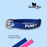 Collar identificacion para perro Diseño huellitas azul y fucsia – ropa y accesorios para mascotas El Salvador – Sweety Pets Store